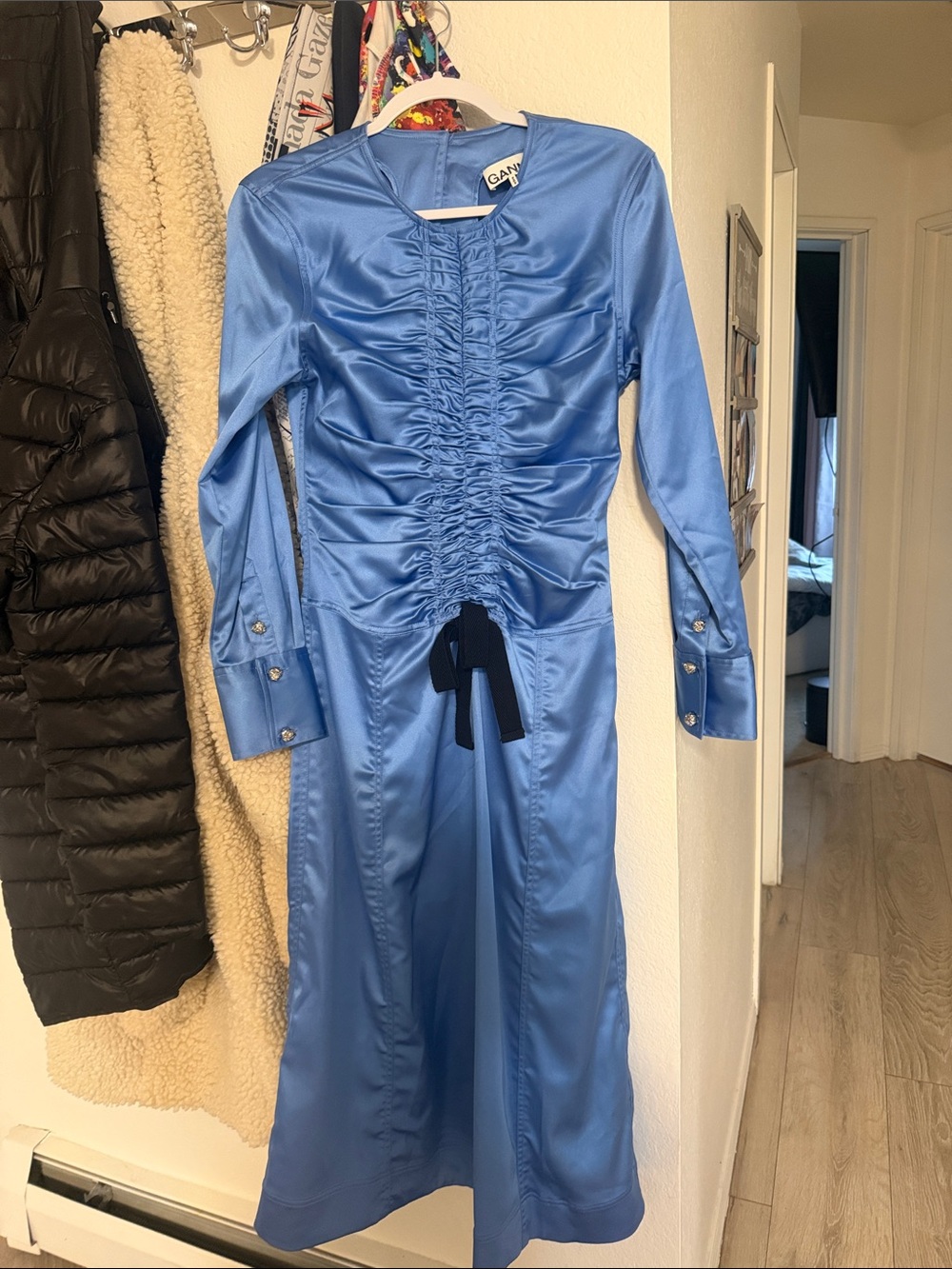 Ganni Satin Sky Blue Ruched Midi Dress size 34
